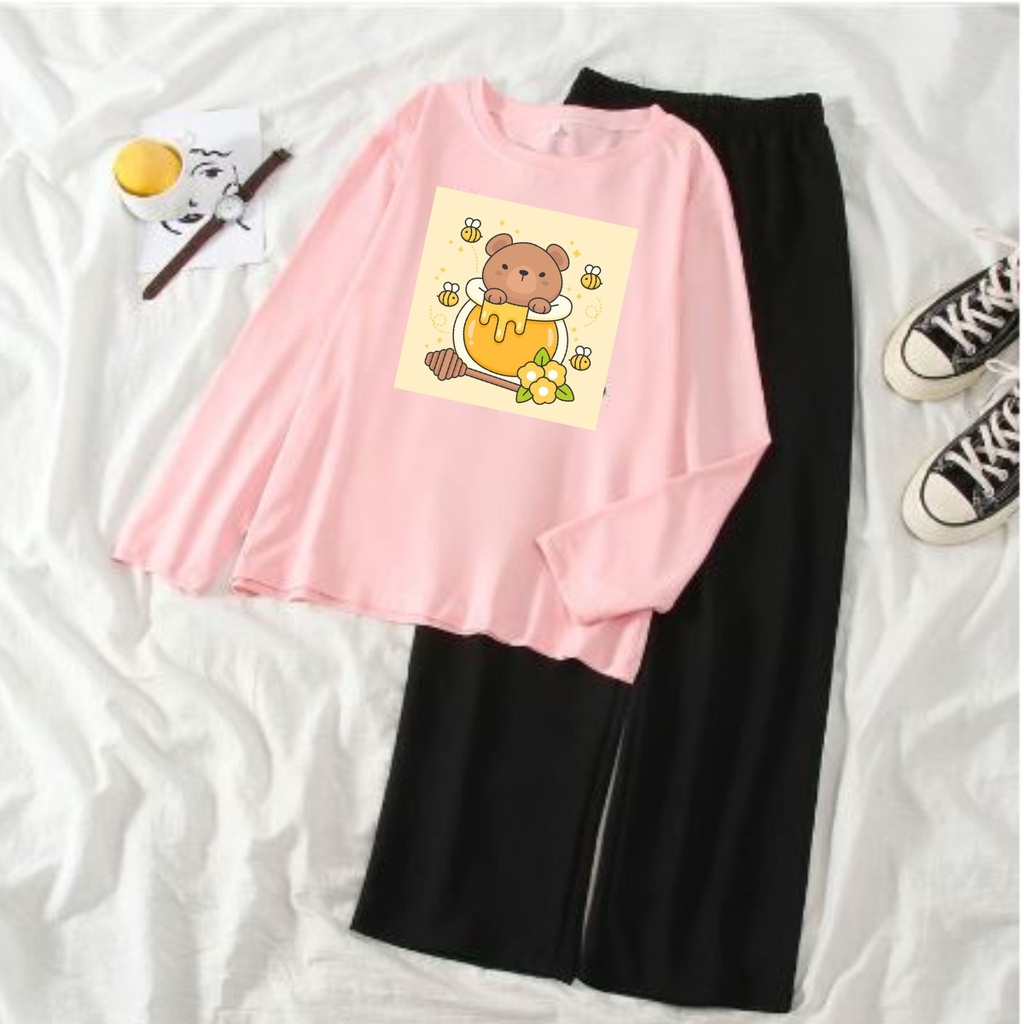 JBF Setelan Baju Remaja Wanita Berhijab Kaos Lengan Panjang Dan Celana Kulot Honey bear