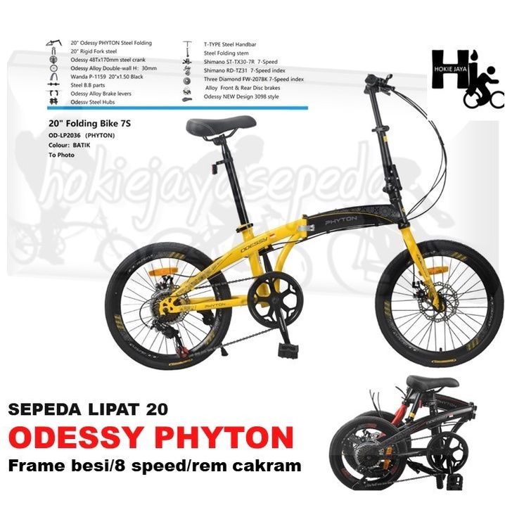 Sepeda lipat ODESSY 16" PHYTON 7 speed rem disc brake bonus Tas dan botol air