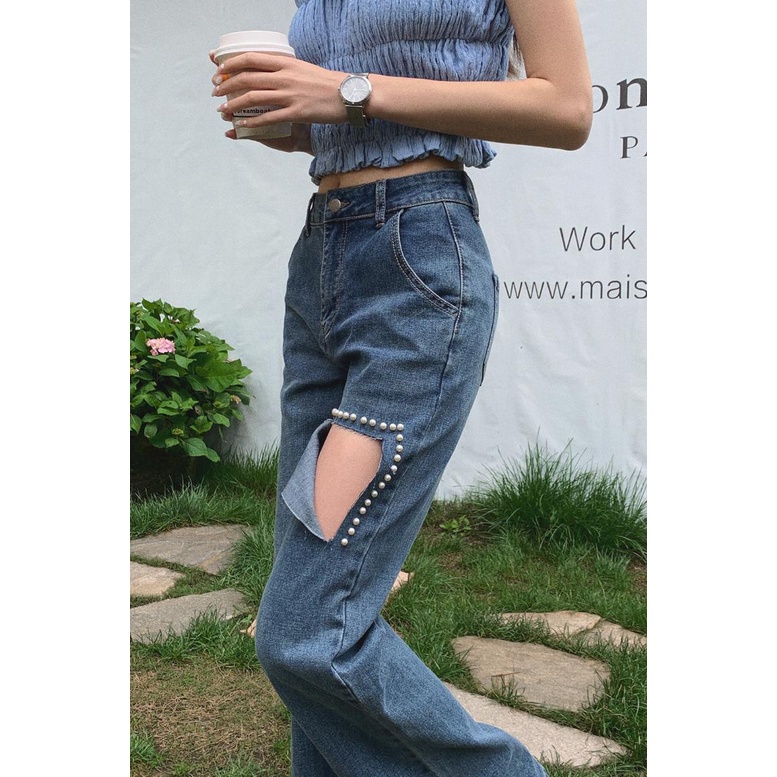 XIAOZHAINV  Celana Sobek Jeans Panjang Wanita jeans wanita high waist jeans Korean Style 1148