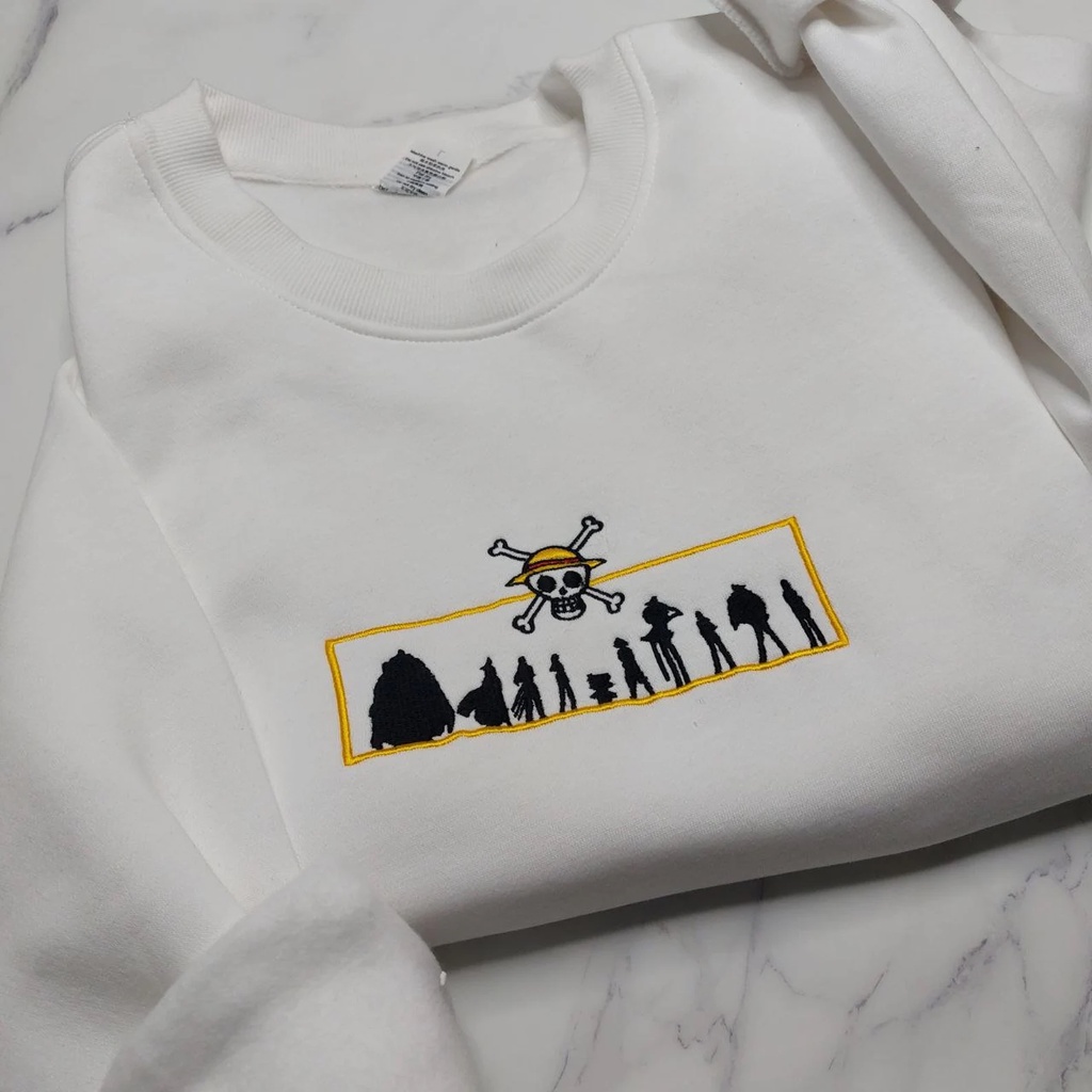 Crewneck Mugiwara Silluet White Embroidery Anime Manga One Piece Premium Unisex