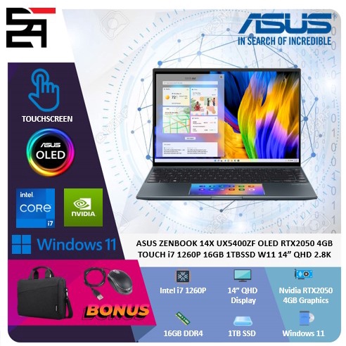 Asus Zenbook 14X UX5400ZF Oled Touchscreen RTX2050-4GB i7 1260P 16GB 1TB SSD W11 14 Inchi QHD 2.8K