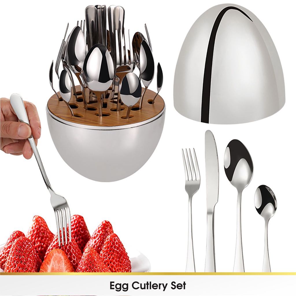 CROWN 24 PCS Mood Egg Cutlery Set Sendok Garpu Pisau Kecil Teh Alat Makan Sujeo Korea Spoon Fork Knife Tebal Stainless Emas Tebal Gold Korea Premium Food Grade