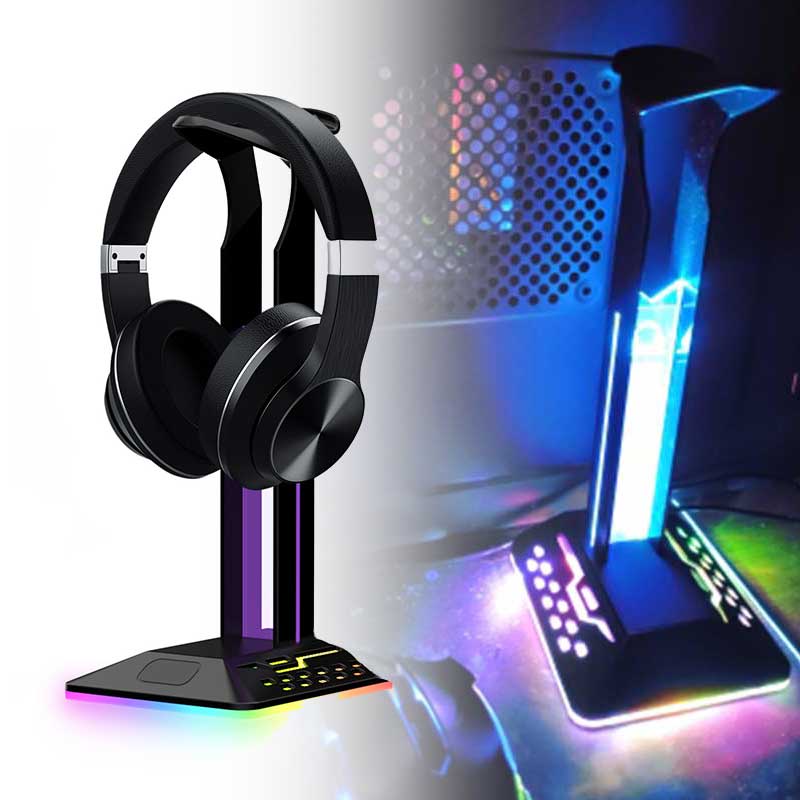 Gaming Headphone Stand Holder LED RGB 2 USB HUB Portable Gantungan Headset Multi-Color Flowing Light &amp; Single-Color Breathing Light Rechargable Earphone Hanger Bracket Phone Holder