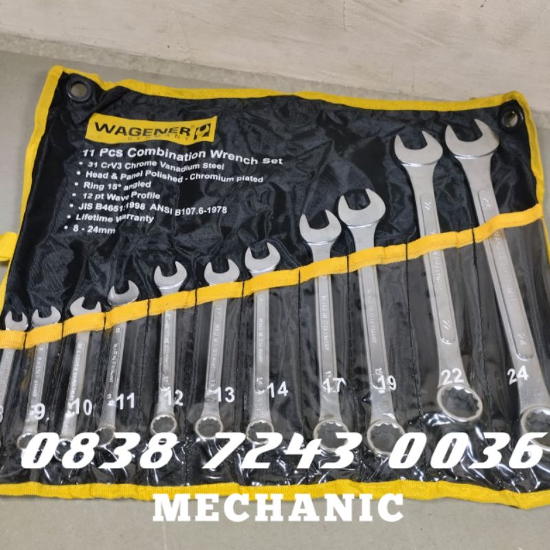 Kunci Ring Pas Combination Set 11 Pcs 8-24 Mm Wagener Chrome vandium Kunci kombinasi ring pas 8-24 m