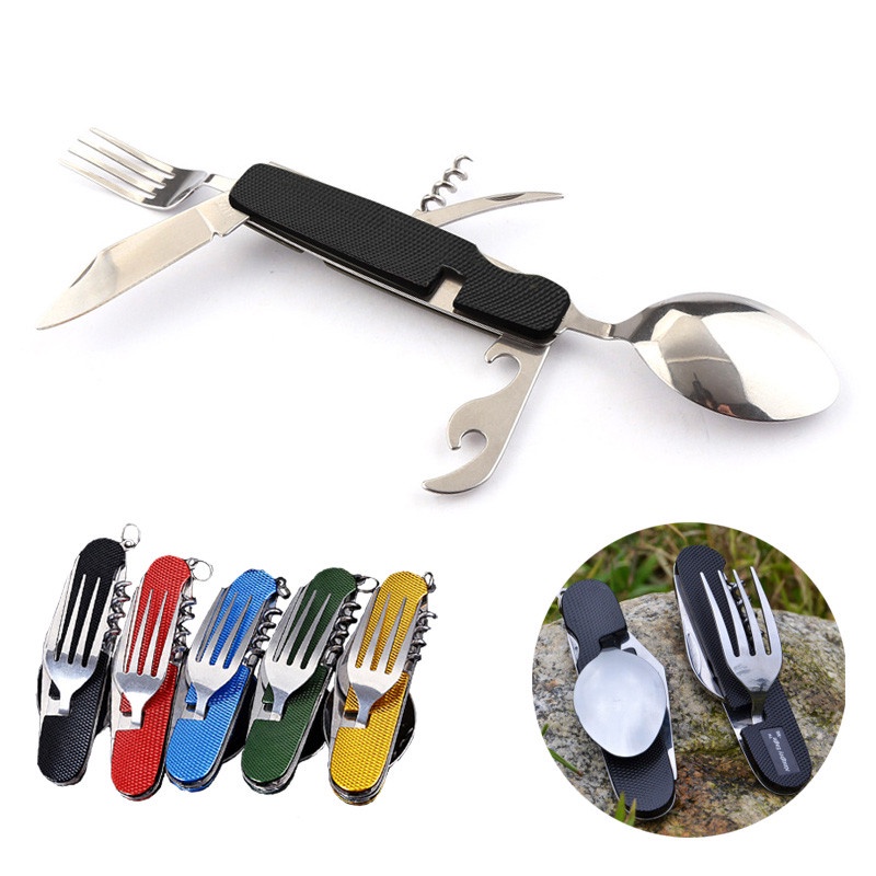 Peralatan Makan Sendok Garpu Piau Lipat Set Portable Perjalanan Hiking Stainless Steel Saku Pisau