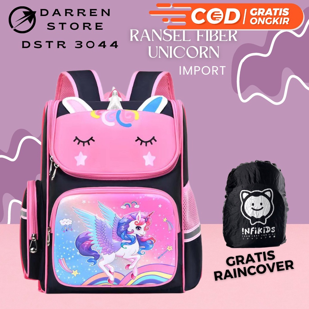 Tas Sekolah Anak Perempuan DSTR 3044 Ransel Fiber Unicon Import SD 16inch FREE Raincover