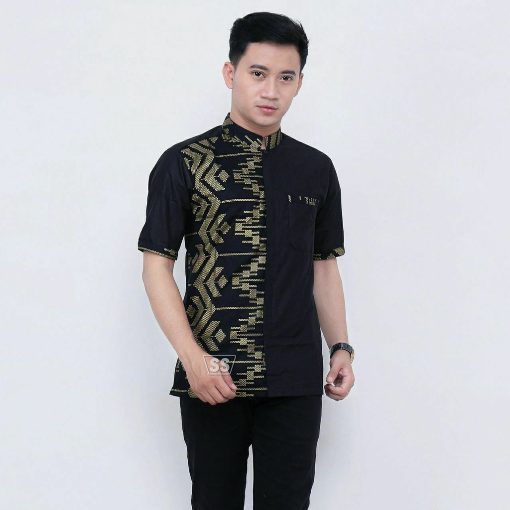 baju koko hitam motif emas batik veldanava pekalongan / koko hitam lengan pendek / koko pria dewasa 