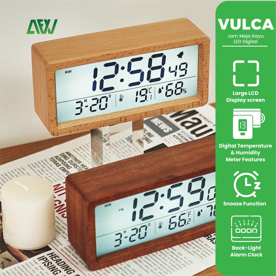 VULCA Jam Meja Kayu LED Digital Alarm Clock Wooden Temperature + Date