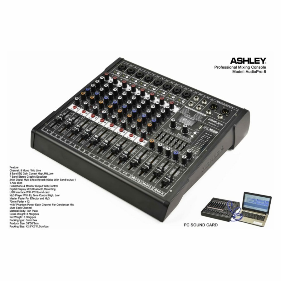 Mixer ASHLEY Audio Pro 8 channel Reverb Bluetooth Recording soundcard