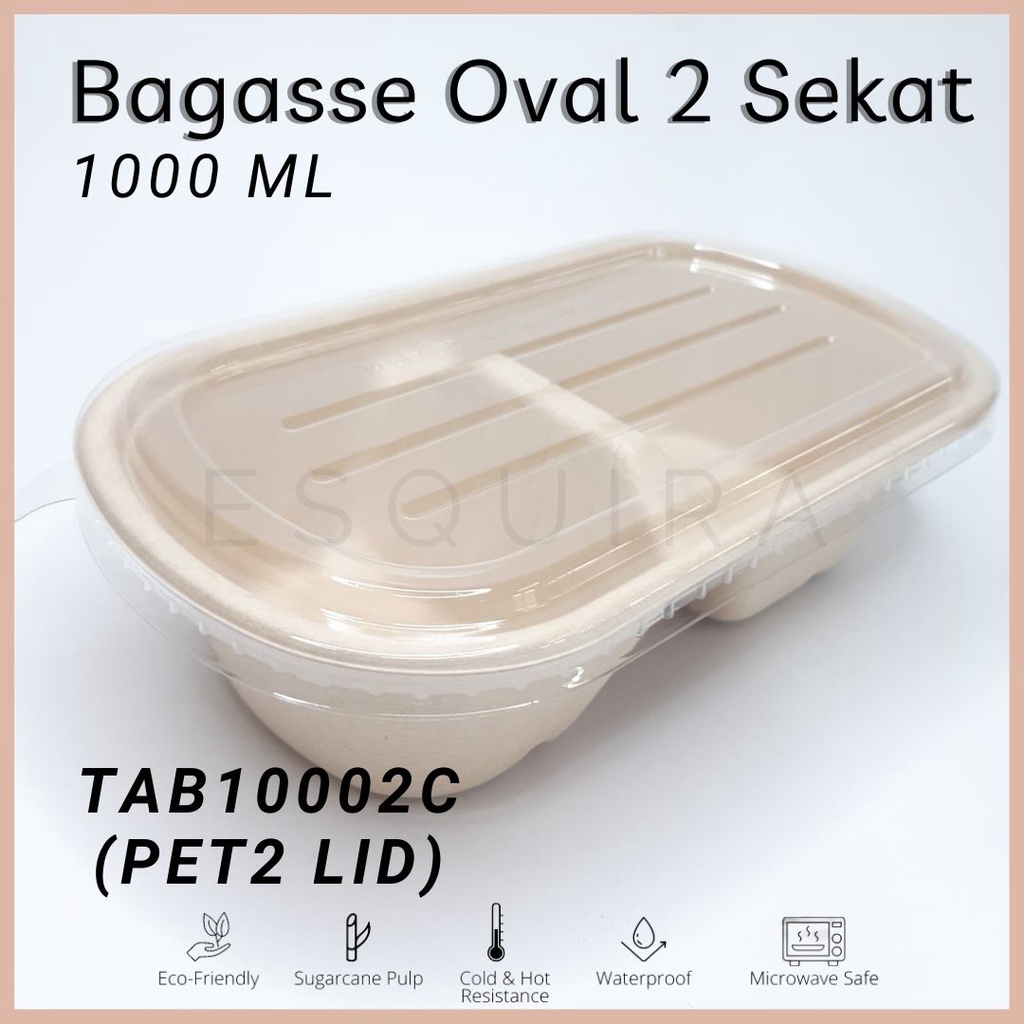 2 Compartement Oval Sugarcane Bagasse 1000 ML / Lunch Box 10 Pcs + Lid / TAB10002C