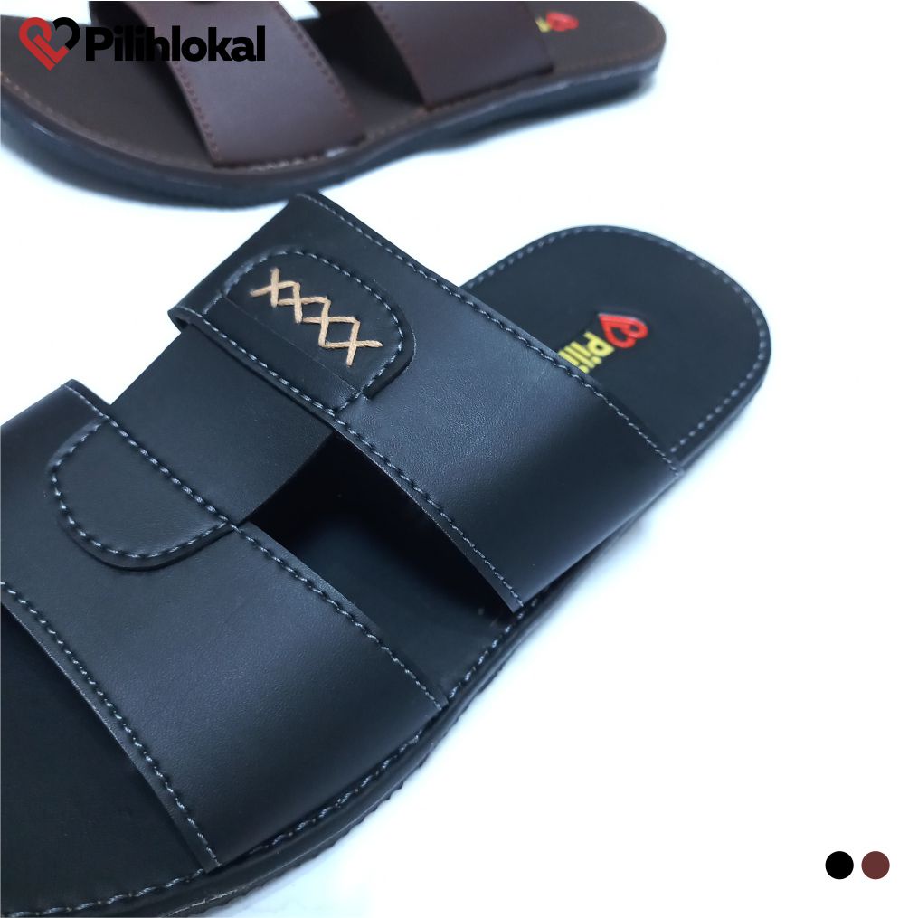 Pilihlokal - Sandal Selop Kulit Pria Dewasa Casual Terbaru 2023 Ukuran Besar Jumbo - Sendal Slip on Cowok Remaja Distro Kekinian Bahan Karet Tebal Anti Licin Lentur Murah Terlaris - Sandal Slop Laki Laki Kasual Untuk Undangan Lebaran Warna Hitam Coklat