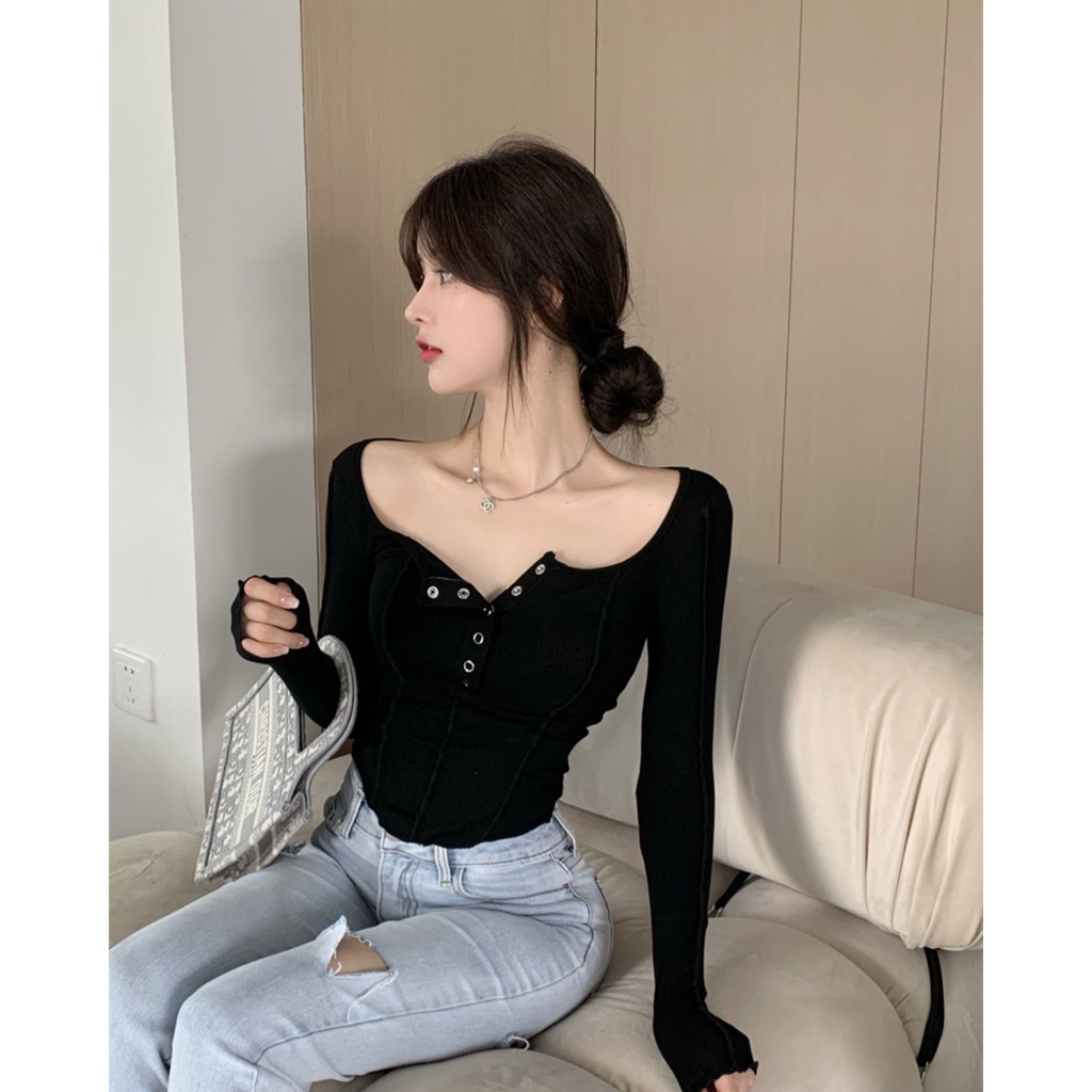 EUNII Korea Style Lengan Panjang Atasan Crop Top Desain Kancing Gaya Baju Atasan Wanita