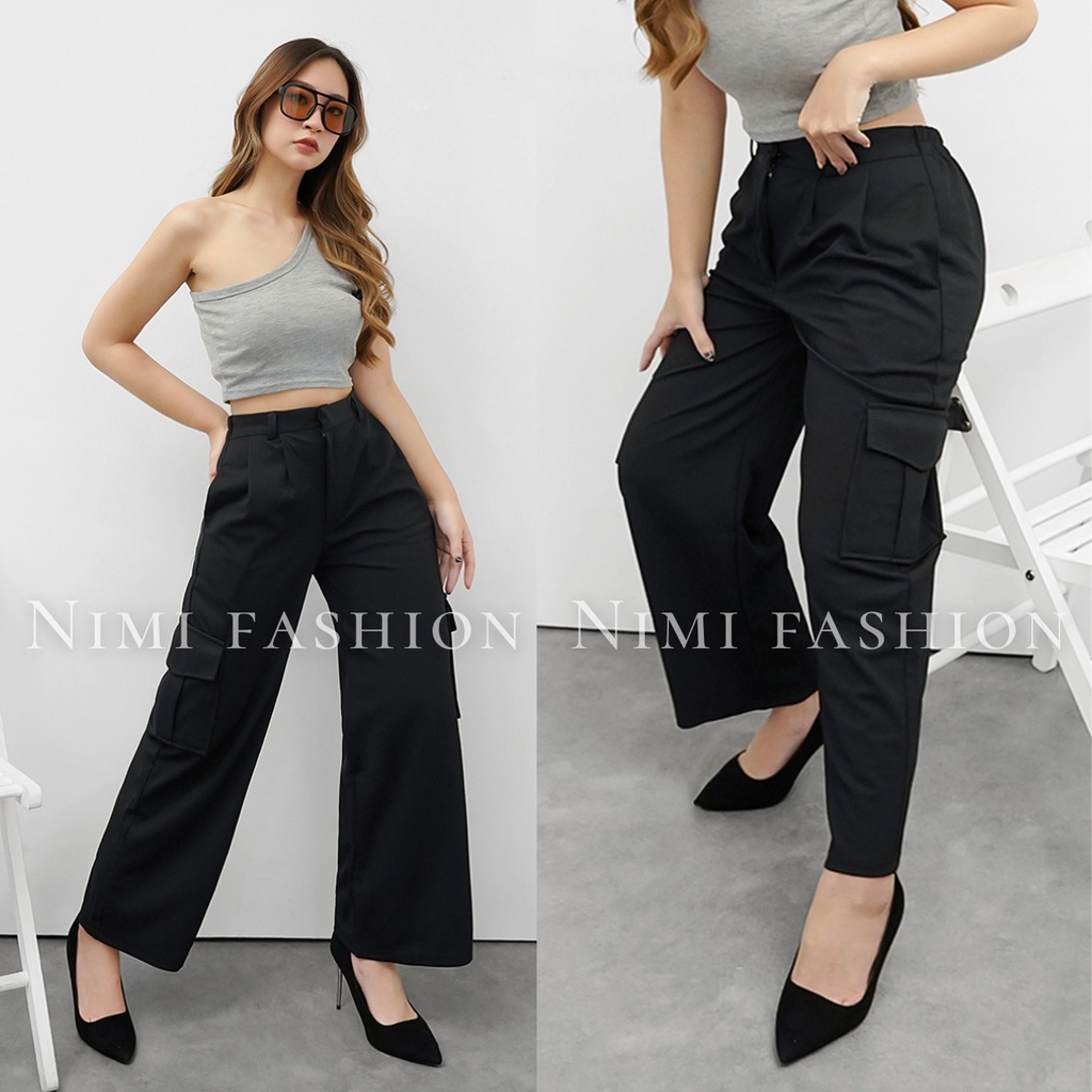 NIMI - Celana Highwaist Loose Cargo Wanita Celana Cullote Cargo Pants Knit Import