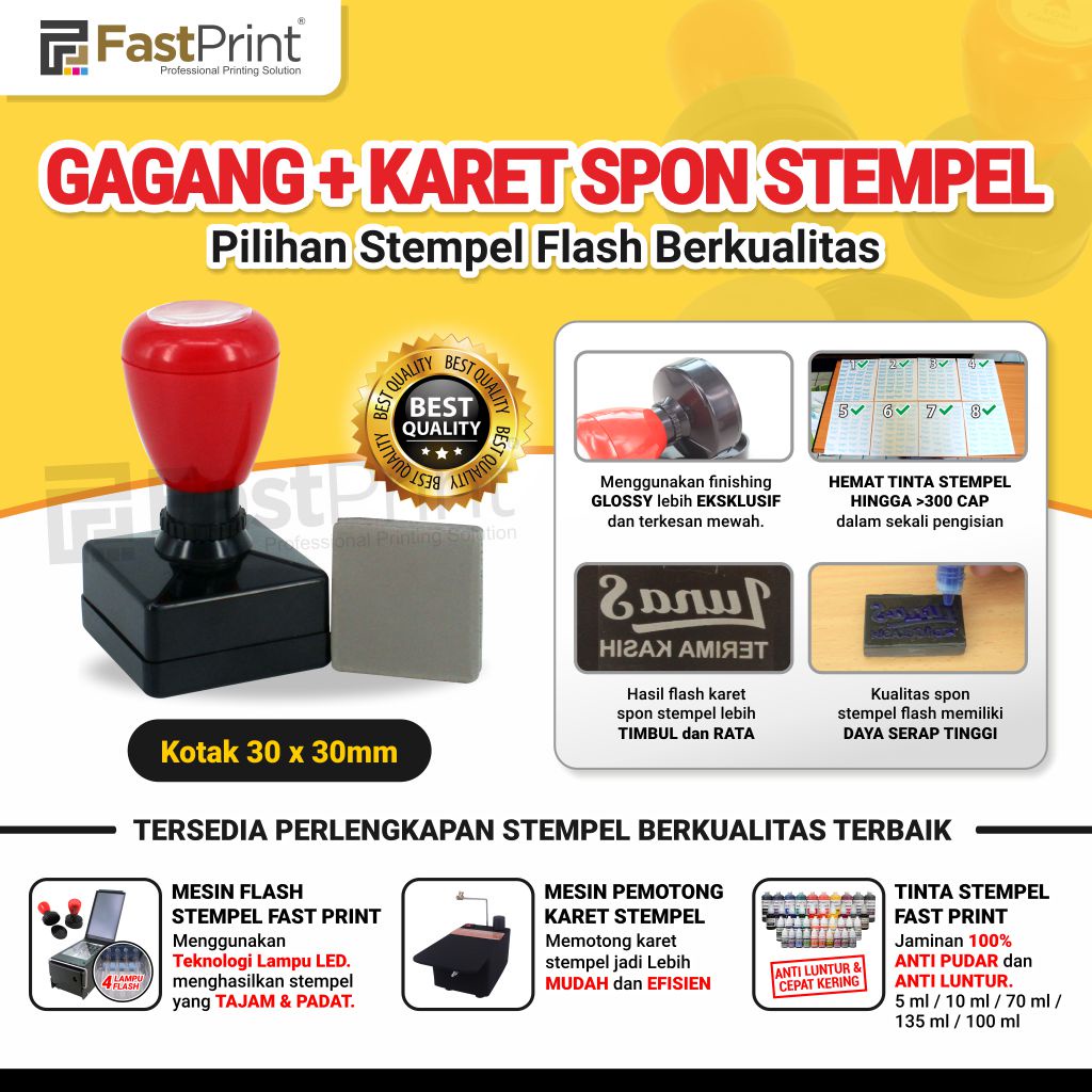 Gagang Plus Karet Spon Potongan Stempel Flash Kotak Ukuran 30X30 MM