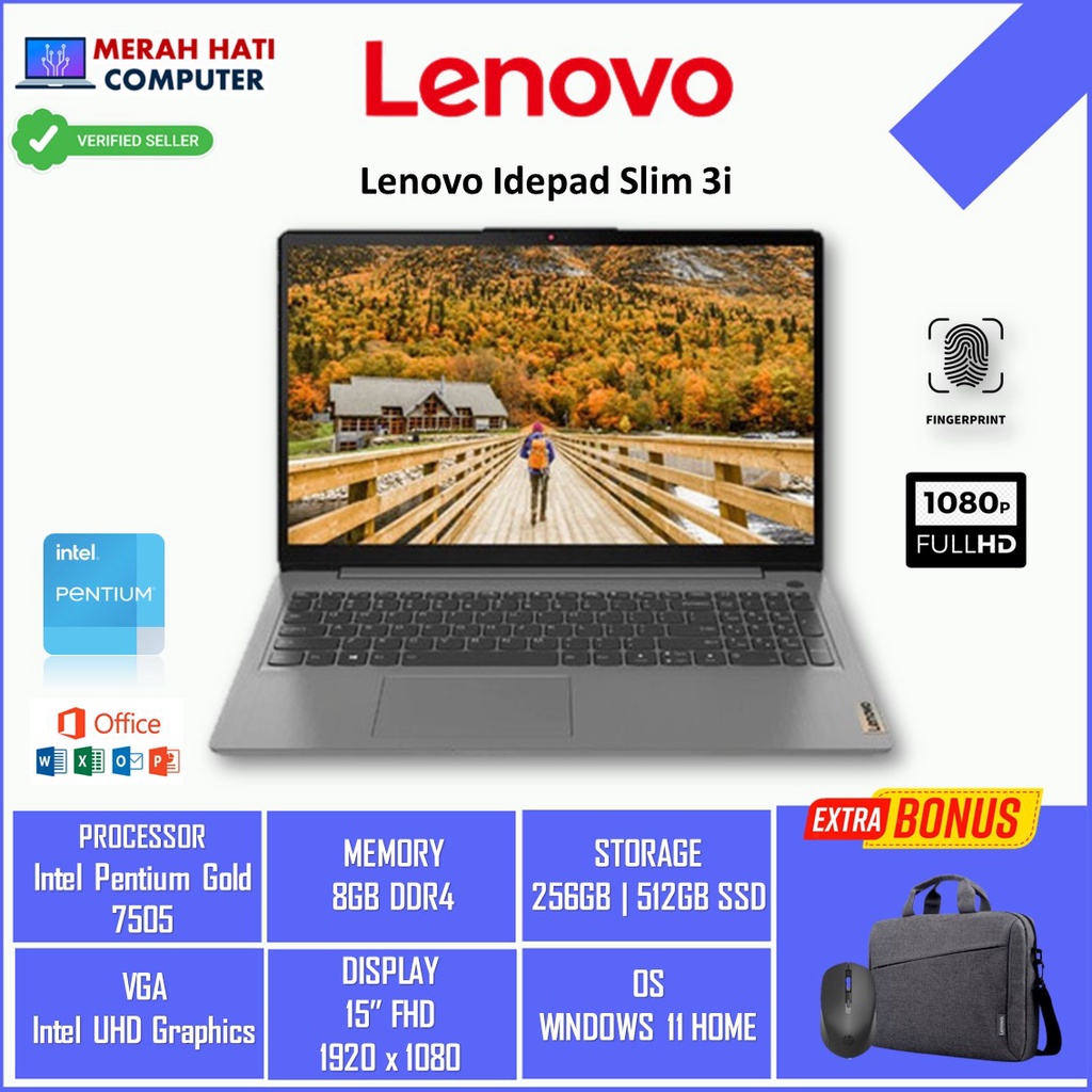 LAPTOP LENOVO IDEAPAD SLIM 3I 15 INTEL PENTIUM GOLD 7505 8GB 512GB 15.6FHD FP WIN11HOME IRON GREY