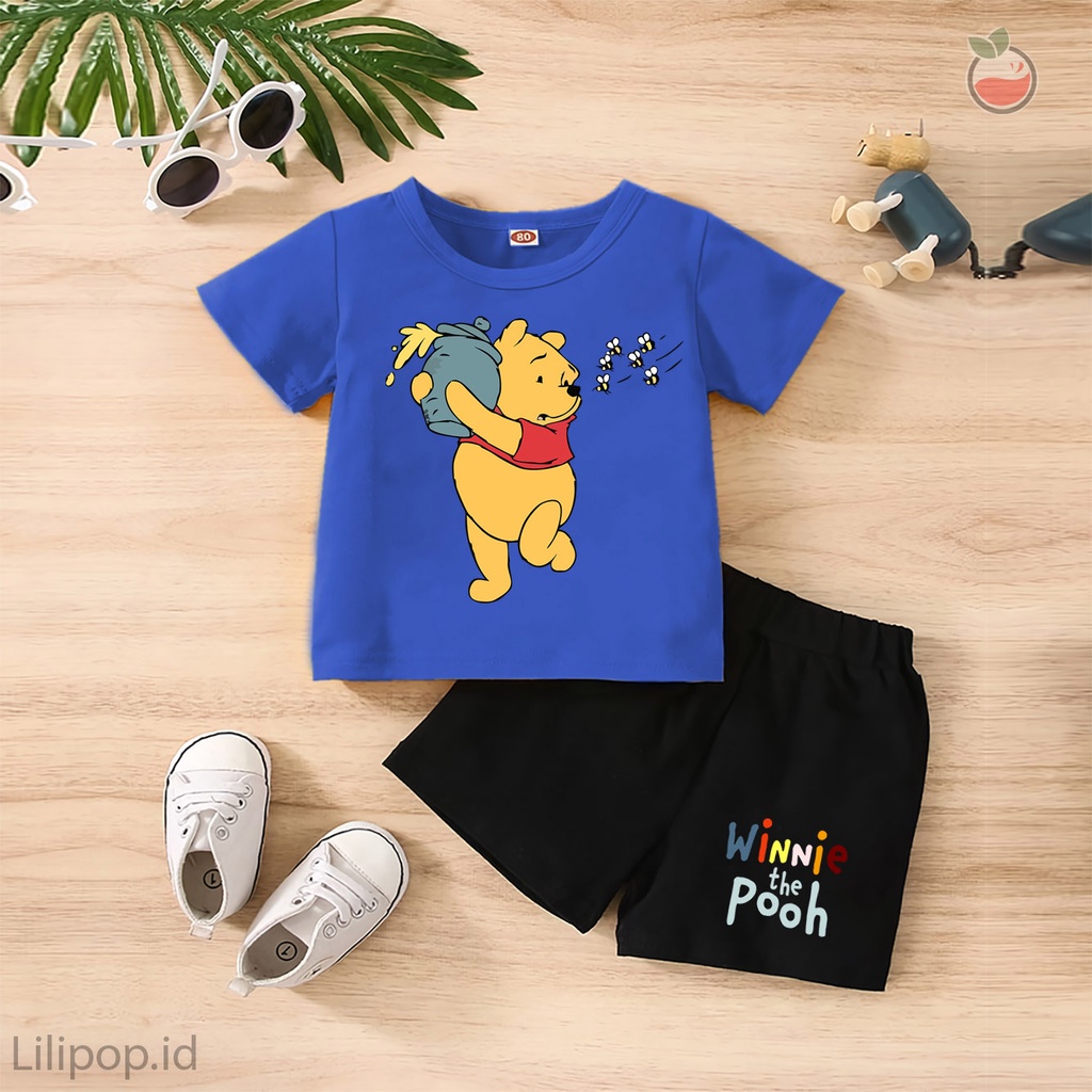 Baju Anak Stelan Kaos 3/4  POOH Cowok Cewek  Usia 1 - 4 Tahun Celana Pendek Harian