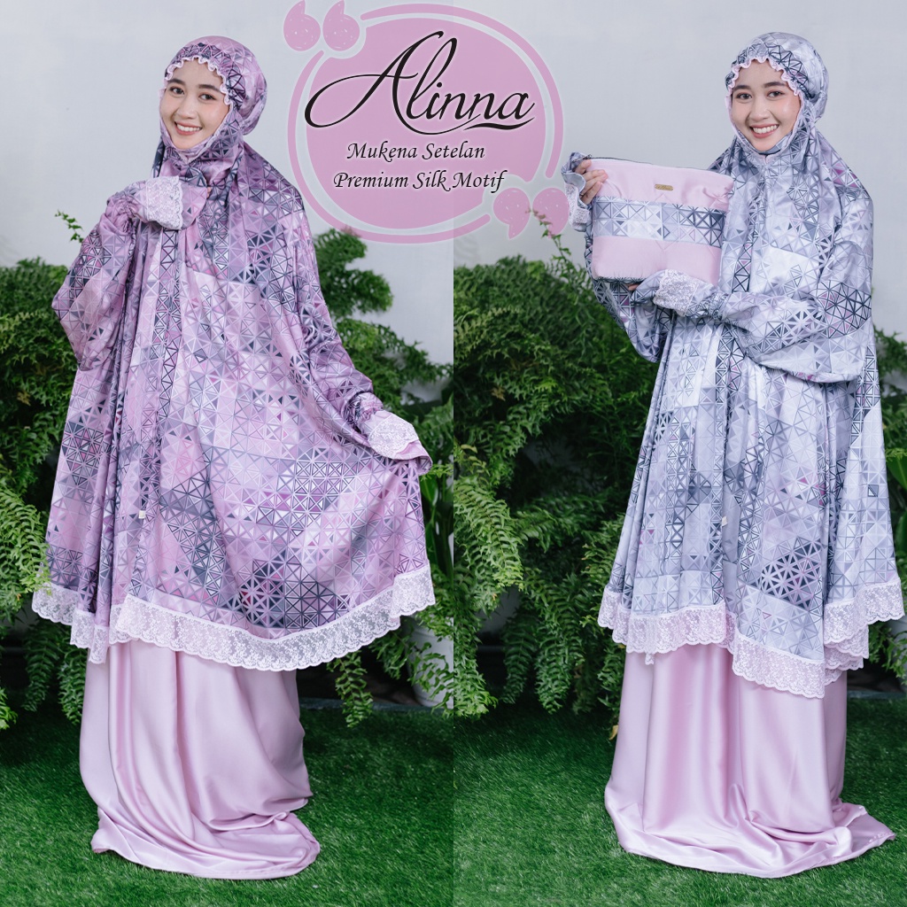 Mukena Alinna Setelan Potong Atas Bawah Berlengan Tangan Dagu Premium Silk Sutra Motif