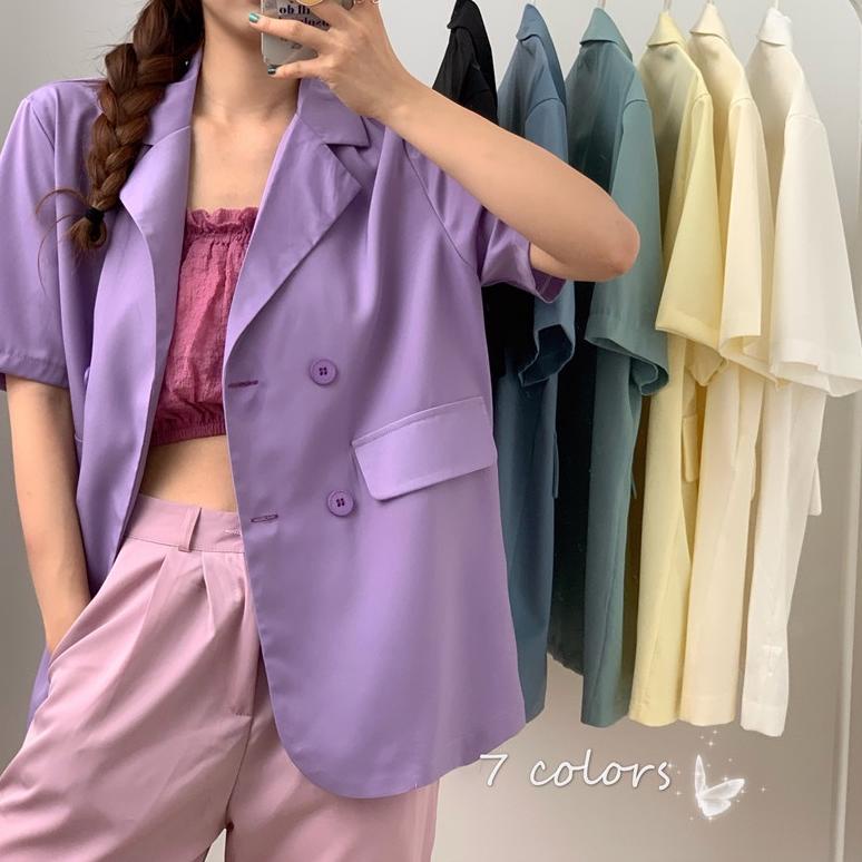 TERLARIS Hijau Biru Kuning Ungu Korea Blazer Wanita Lengan Pendek Setelan Jas Blazer Women Outer 202