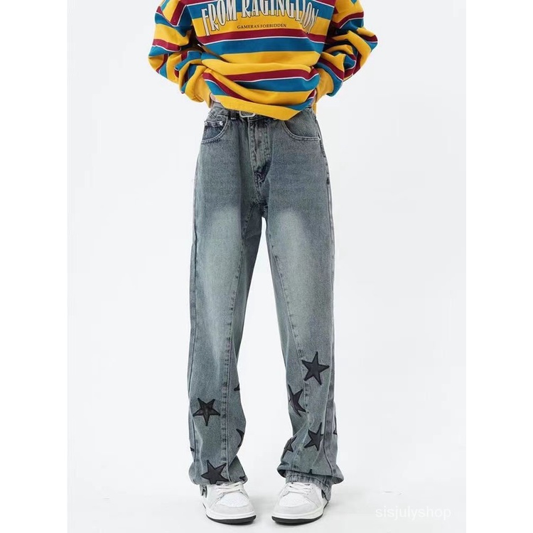 [✅BISA COD] #Sisjuly# Y2K Jeans Wanita Jeans /Lurus Vintage Amerika Bintang Pinggang Tinggi Bordir Ce