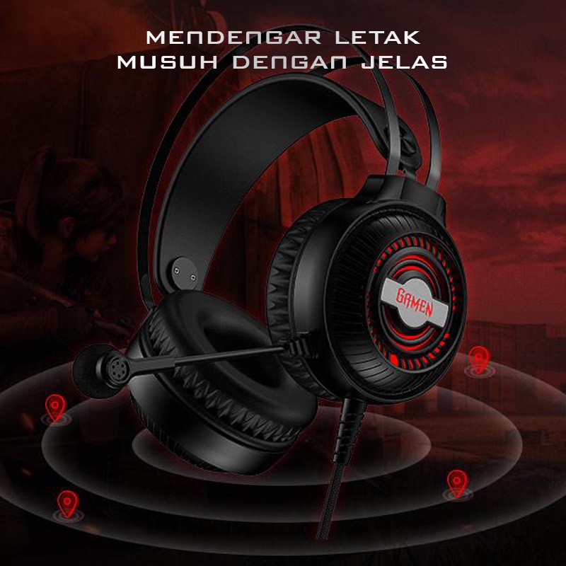 Headphone Gaming GAMEN Earphone Headset GH2100 - 3.5mm Audio Jack Input LED RGB Lighting Effect Noise