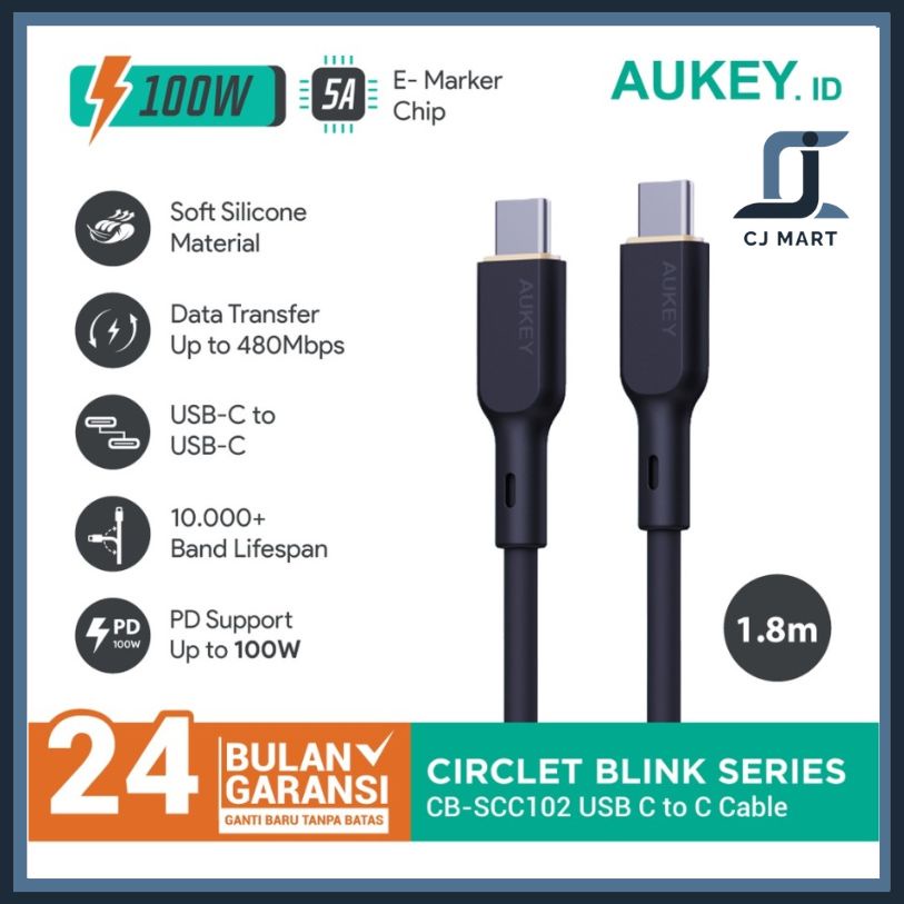 Kabel Charger Aukey CB-SCC102 USB C to C 1.8M Soft Silicone 100W