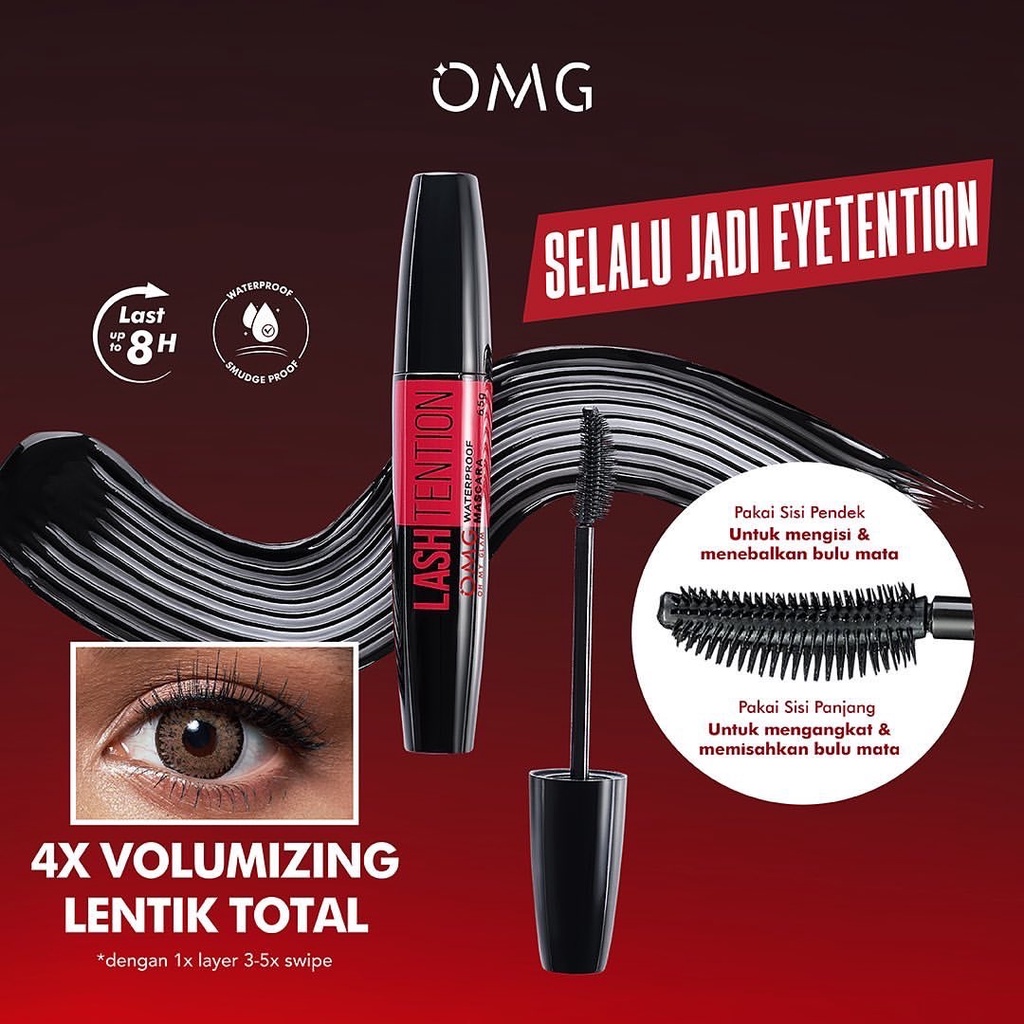 OMG OH MY GLAM LASHTENTION Waterproof Mascara 6.5 g - Maskara Eye Makeup Waterproof 4X Lebih Tebal | BPOM