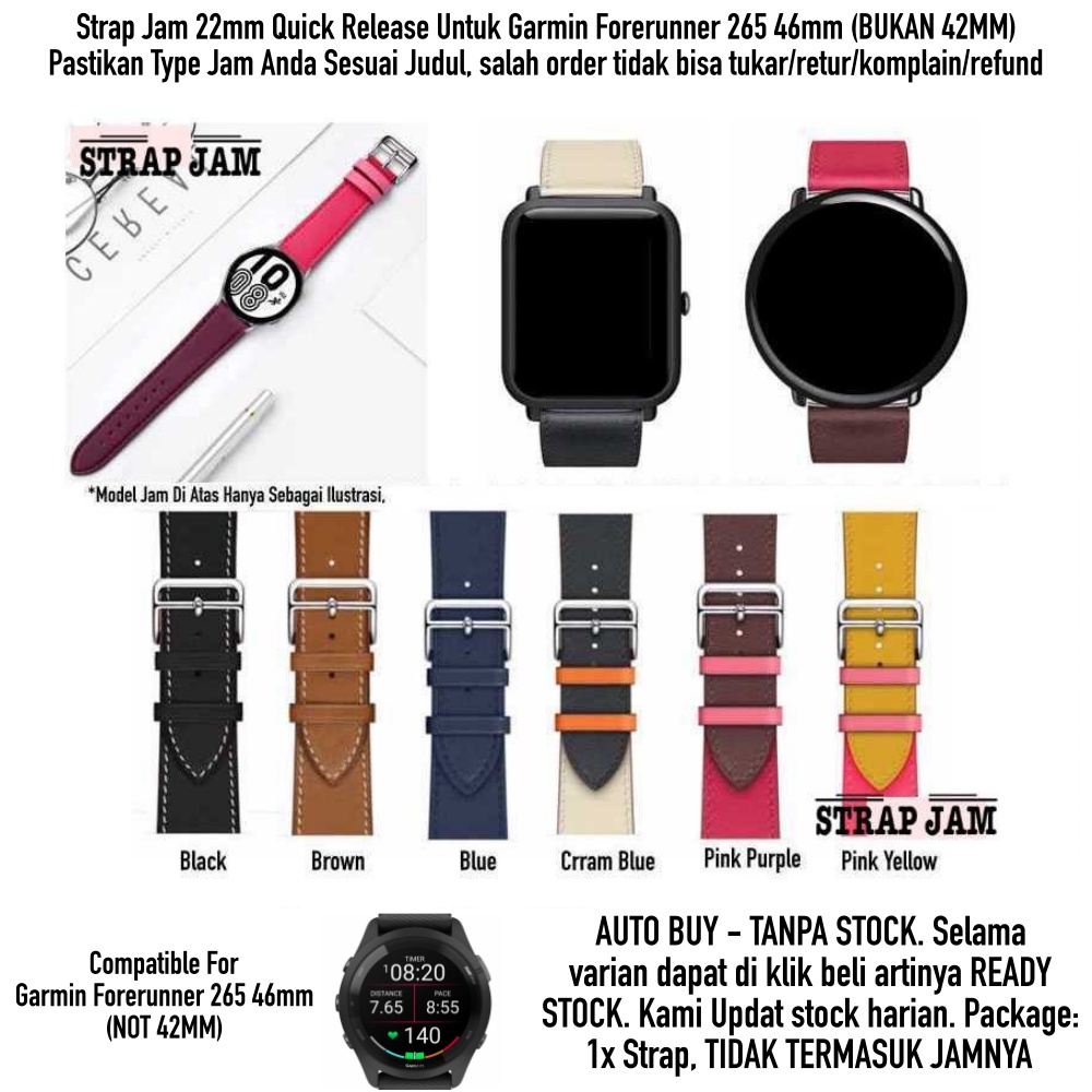 Fashion Leather Strap Garmin Forerunner 265 46mm - Strap 22mm Kulit Stylish Thin