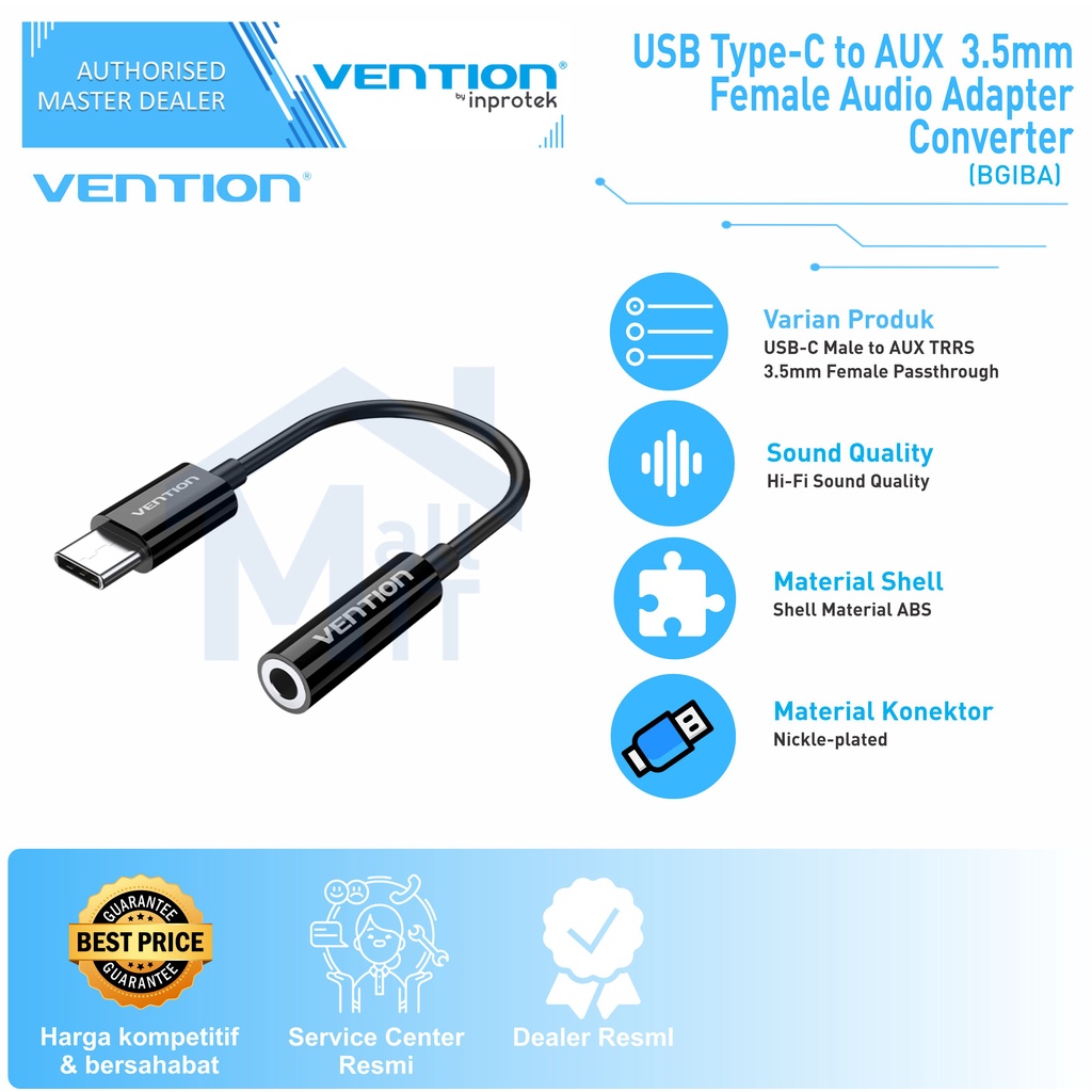 (Bisa Cod) Vention USB Type-C to Aux 3.5mm Female Audio Adapter Converter BGI