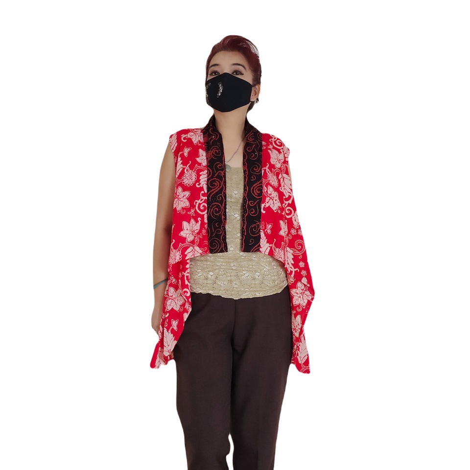 Outer Batik Tanpa Lengan Merah List Hitam Asimetris GESYAL Kutung