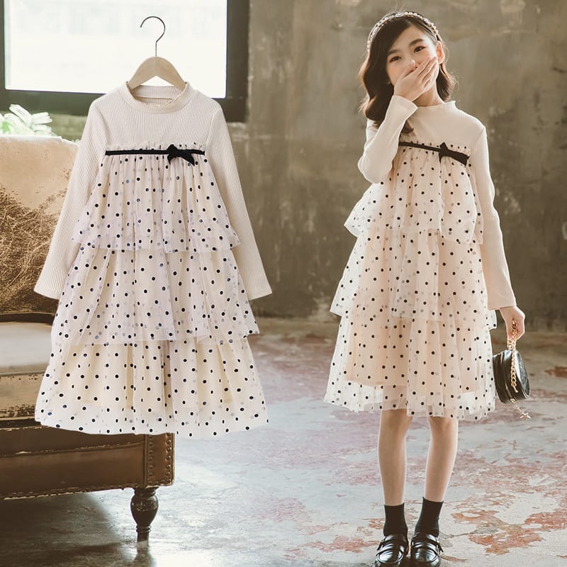 Dress Tutu Anak Perempuan Elegant Polkadot Coffee