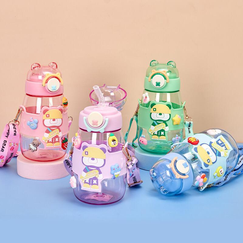 STV Botol minum anak happy bear 600ML/ Botol minum anak sedotan animal series botol anak lucu botol hits free stiker 2d dan 3d