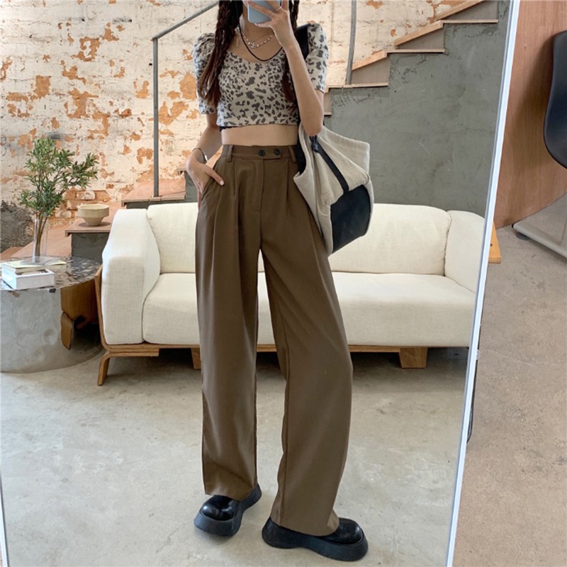 EUNII Celana Panjang Khaki Wanita Retro Basic Color Kasual Loose High Waist Straight Pants Korean Style