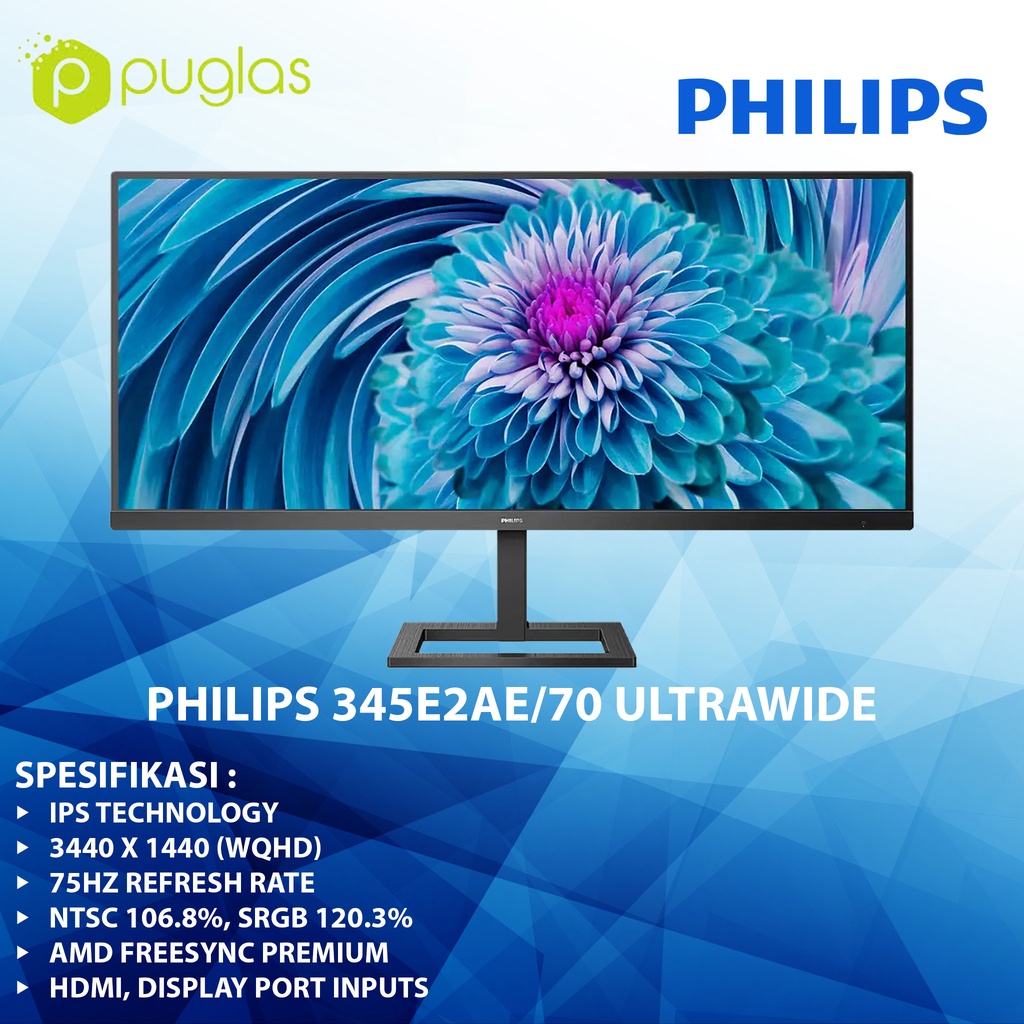 Monitor LCD Ultrawide Philips 345E2AE IPS 34" HDMI DP - 345E2AE/70 Laptop PC Komputer