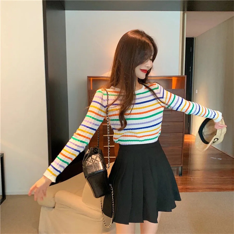 AJWShop ZU Atasan Rajut Wanita Lengan Panjang Rainbow Korean Style Cute Import Premium | Baju Rajut Lengan Panjang Pelangi Garis Garis Salur Rainbow | Kaos Rajut Import Lengan Panjang | Atasan Wanita Kekinian Korean Style Import Premium | Baju Rajut