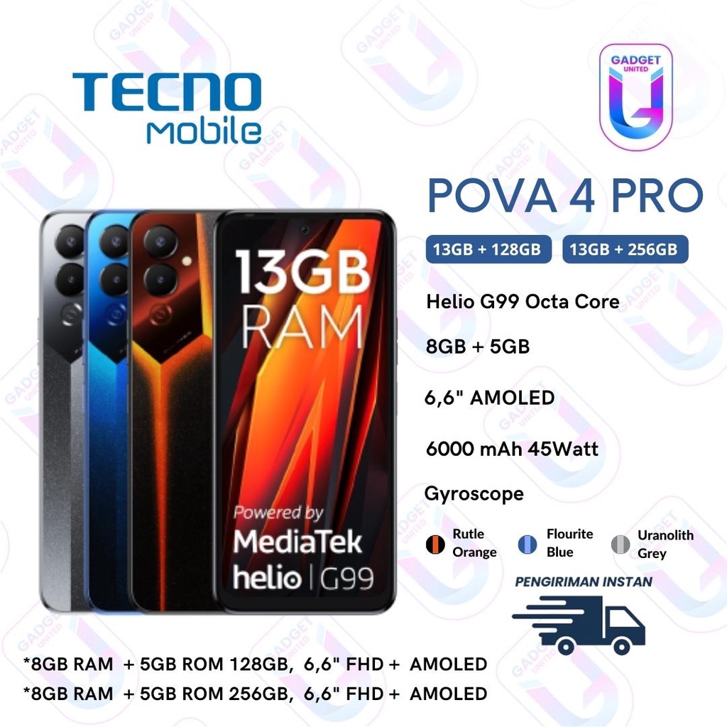 TECNO POVA 4 Pro 8+5GB* + 128/256GB Android Smartphone Garansi Resmi 1 Tahun
