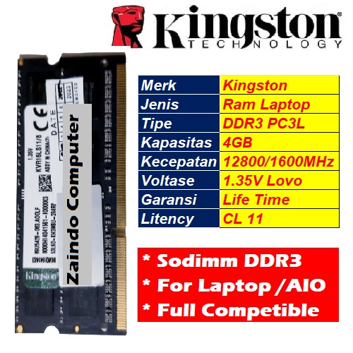 KINGSTON SODIMM DDR3 4GB PC3L 12800/1600 MHz 1.35V - MEMORY LAPTOP DDR3 4GB KINGSTON