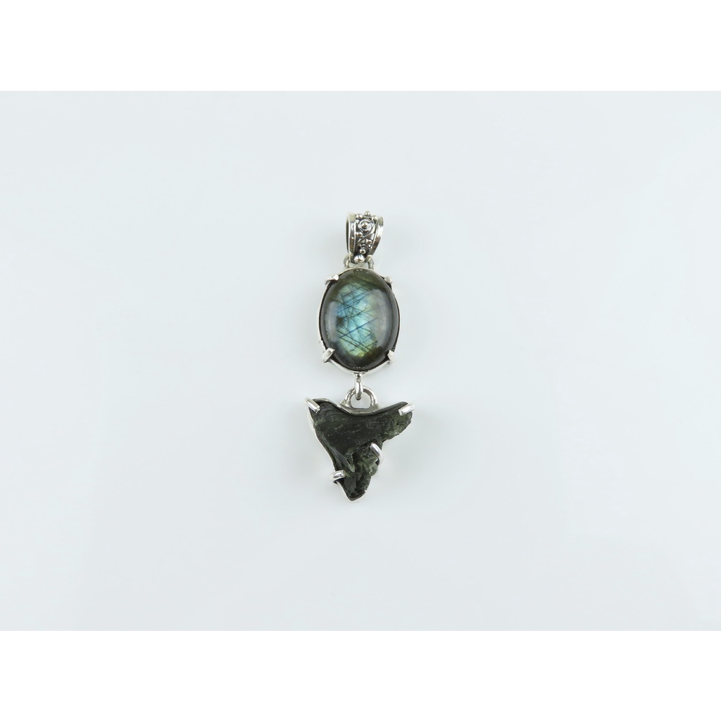 Liontin Permata Labradorite dan Moldavite Perak 925