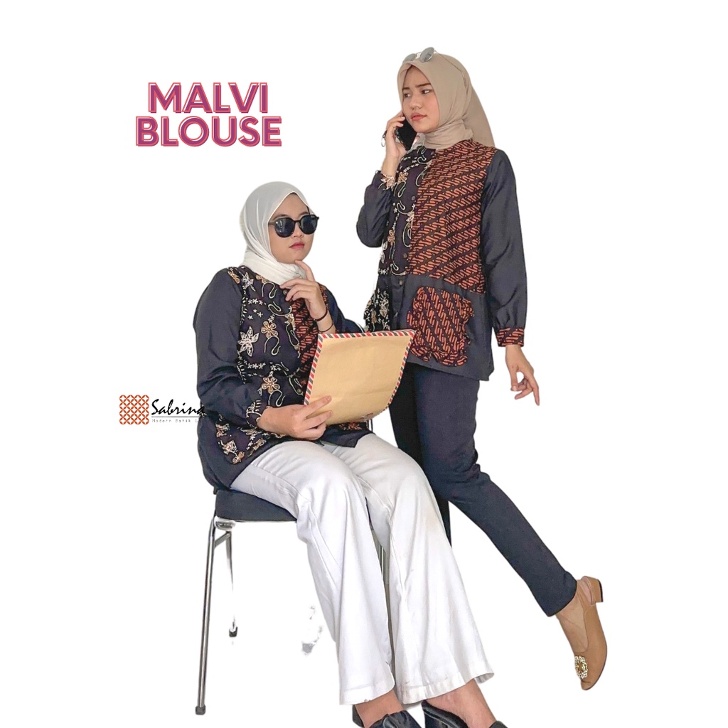 Malvi Blouse Batik Cap Kombinasi Cantik Elegan Busui Tangan Panjang