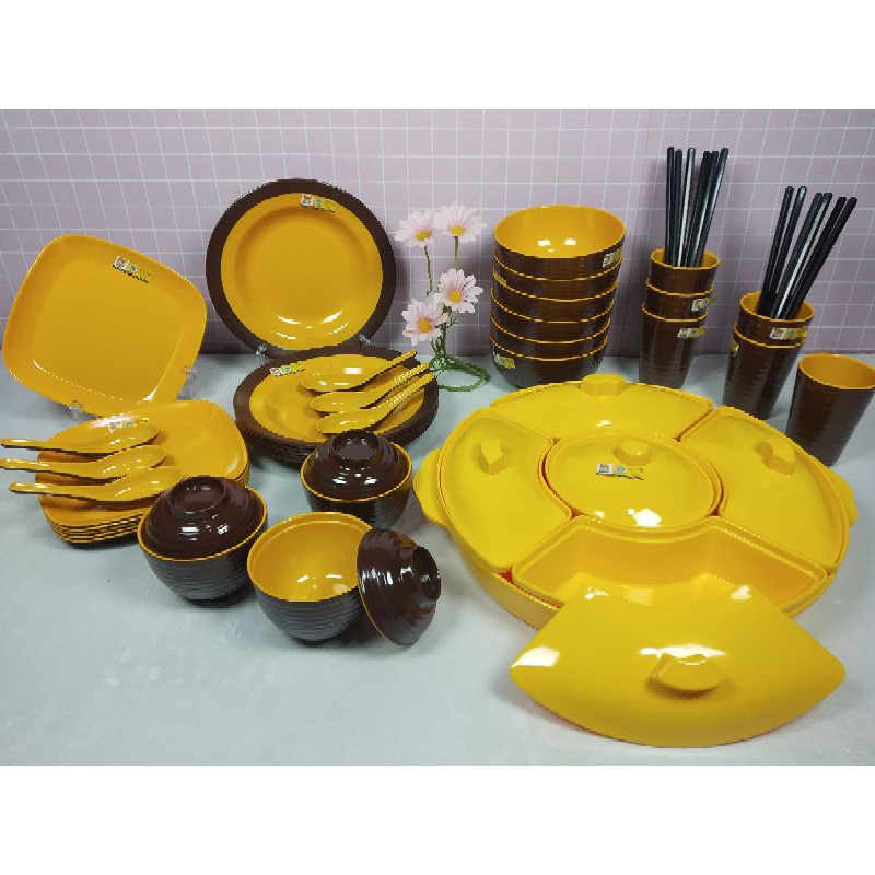 Set peralatan makan lengkap Partyset sumpit sendok golden dragon melamin
