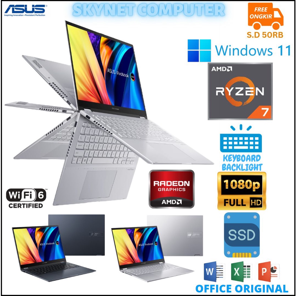 ASUS VIVOBOOK S 14 FLIP TN3402QA AMD RYZEN 7 5800H RAM16GB SSD512GB FHD IPS WINDOWS 11 DAN OFFICE 2021 ORIGINAL