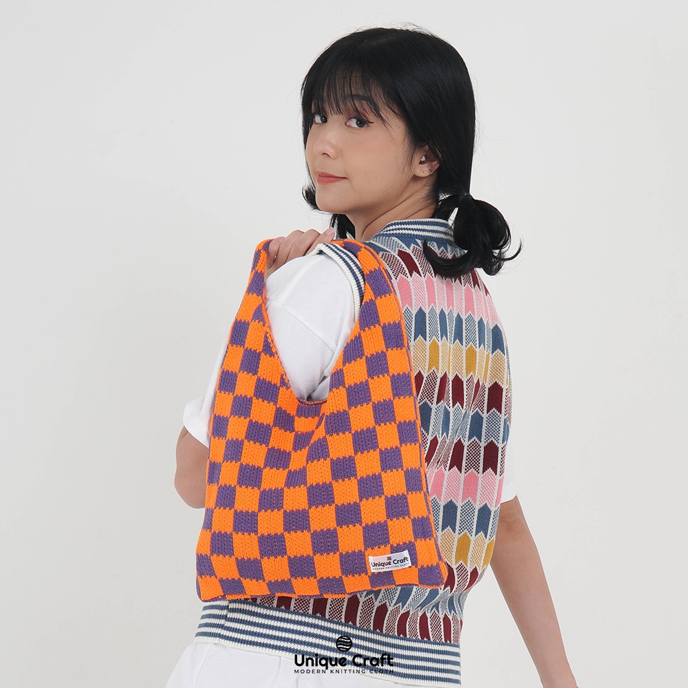Totebag Buffollow -Tas Rajut Korea- Korean Knitted Checkered Totebag