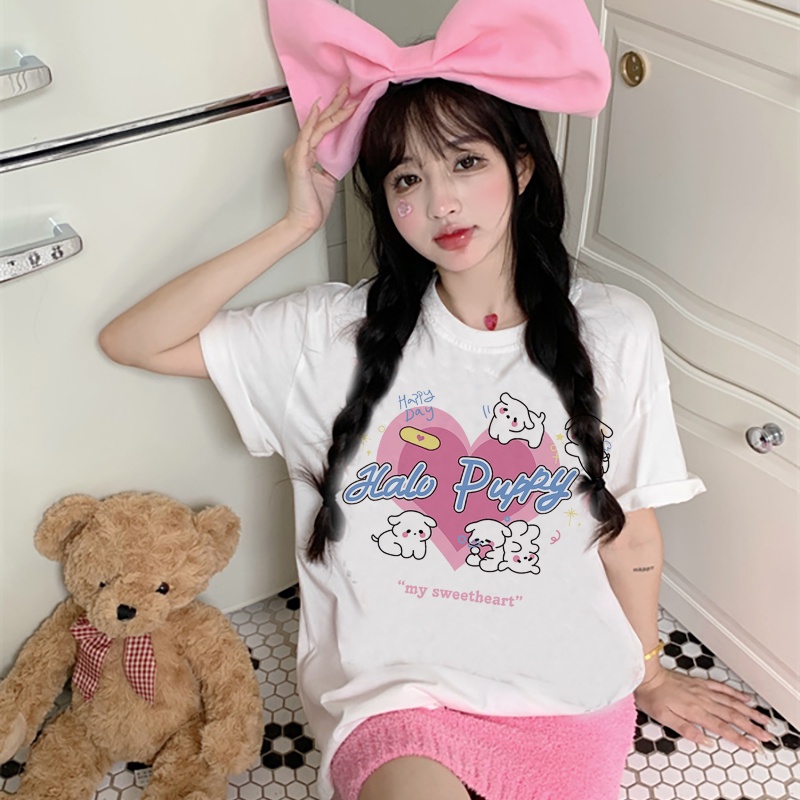 Print T-shirt Kaos Lengan Pendek Cartoon Pink Heart Dog Baju Wanita Oversize Korean Style