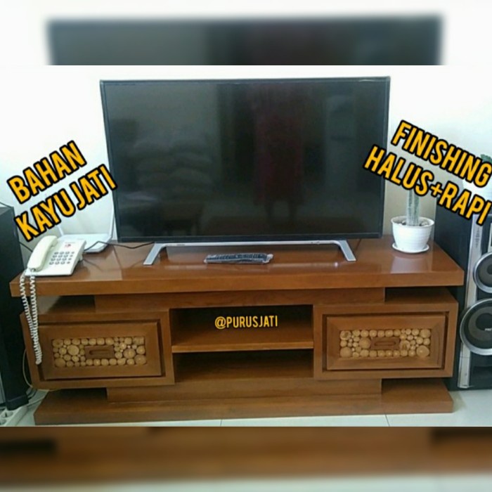 PJ1 Rak Lemari Tv Minimalis Meja Bufet Tv Kayu Jati Model Kaca Mata - BELUM WARNA
