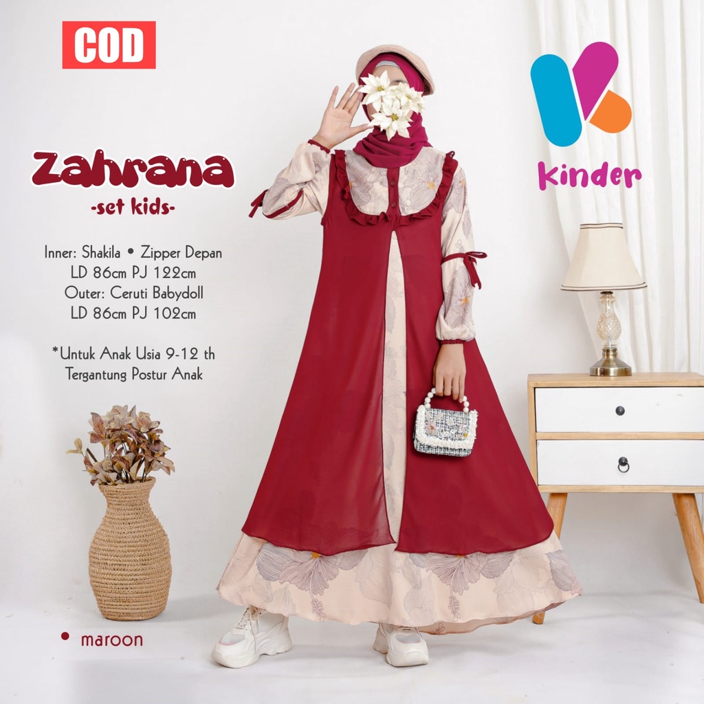 ZAHRANA MAXY KIDS SET Dress Gamis Maxi + Outer Anak Perempuan usia 9 - 12 Tahun Bahan Ceruty Mix Sha