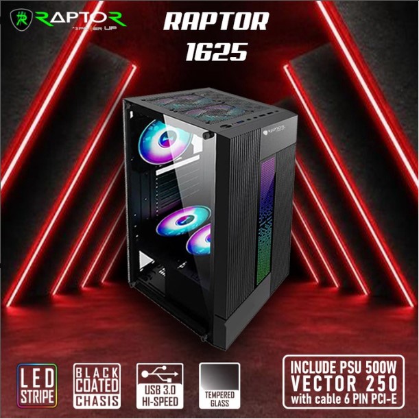 Power Up Casing Raptor 1625 Mid Tower With Led Strip RGB PSU 500w Tempered Glass