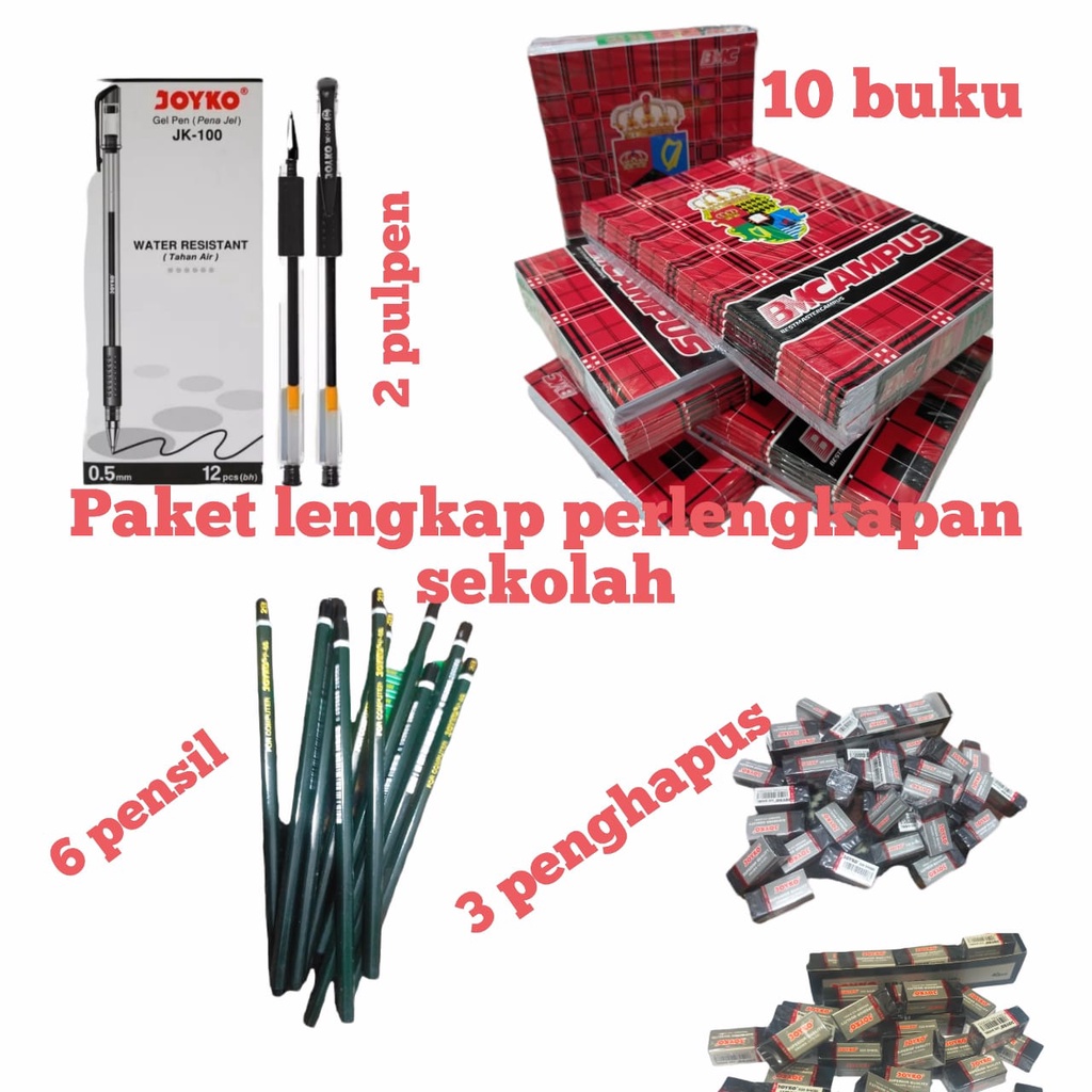 

Paket KOMPLIT Alat Tulis 1 Pack Buku BIGBOS CAMPUS isi 38 Lembar ( 10 Buku ), 6 Pcs Pensil 2B, 3 Pcs Penghapus JOYKO Dan 2 Pcs PULPEN JOYKO