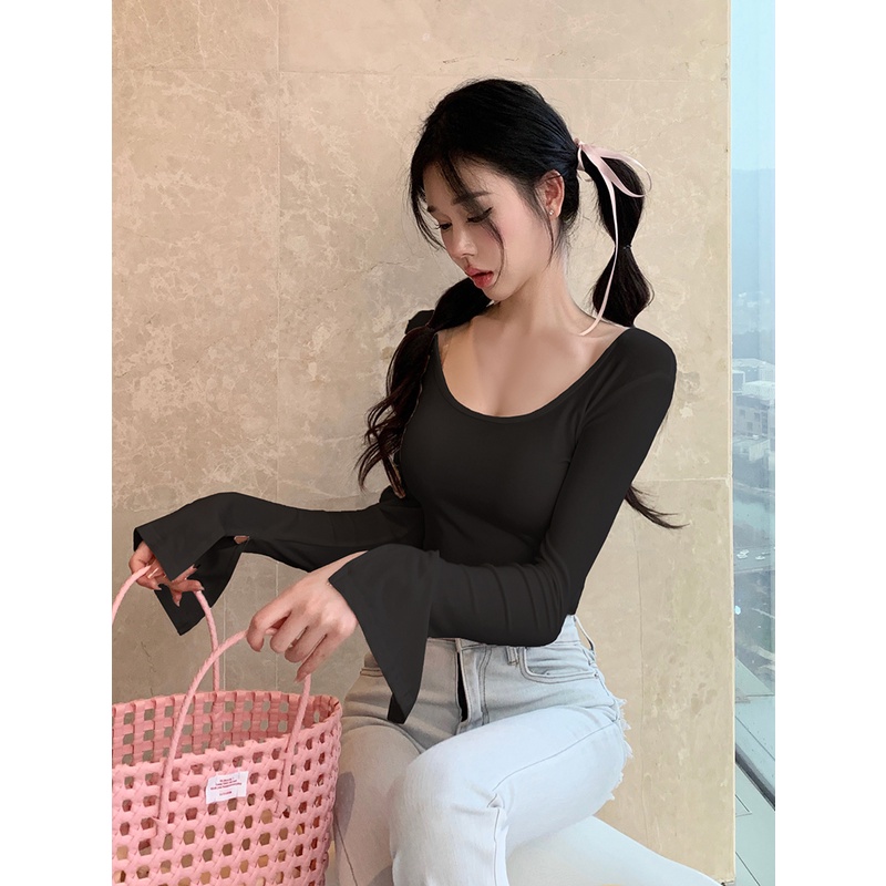 Red Murni Keinginan Besar Leher U Lengan Panjang T-shirt Wanita Musim Semi 2023 Seksi Ketat Elastis Dalam Kemeja Pendek putih Top