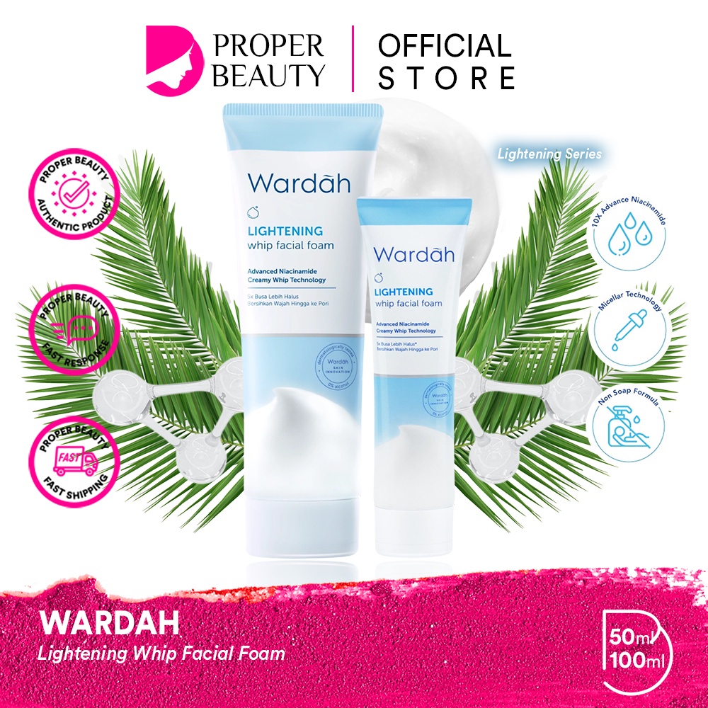 WARDAH Lightening Whip Facial Foam Indonesia / Pembersih Wajah 50ml 100ml / Advanced Niacinamide Creamy Whip Technology / 5x Busa Lebih Halus Bersihkan Wajah Hingga ke Pori / Berminyak / Cleanser Cleansing Face Wash Sabun Cuci Muka / Skincare Care Series