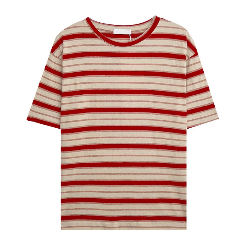 Red T-shirt lengan pendek wanita musim panas bergaris merah Jepang katun murni versi Korea longgar ramping perguruan angin atas olahraga