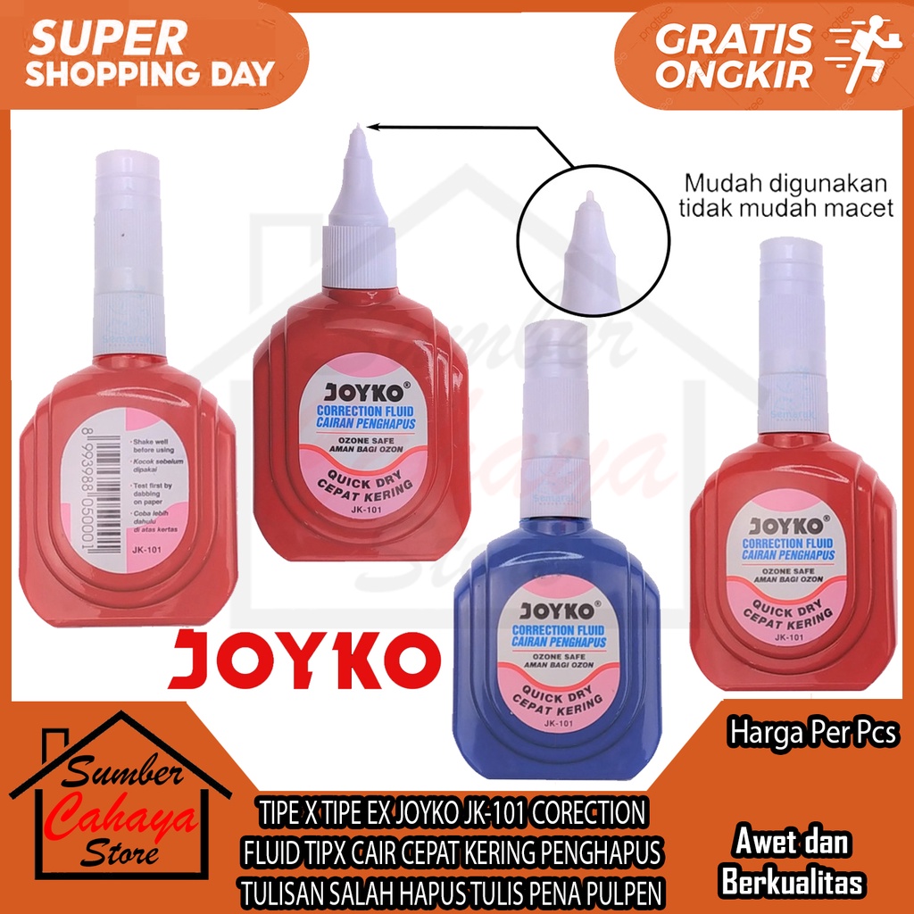 

TIPE X TIPE EX JOYKO JK-101 CORECTION FLUID TIPX CAIR CEPAT KERING PENGHAPUS TULISAN SALAH HAPUS TULIS PENA PULPEN ALAT MENGHAPUS PEN BOLPEN BOLPOIN PERLENGKAPAN SEKOLAH KANTOR TINTA PUTIH TAMPEL TAMBAL TAMPAL PENAMBAL KESALAHAN TULIS KERTAS BUKU